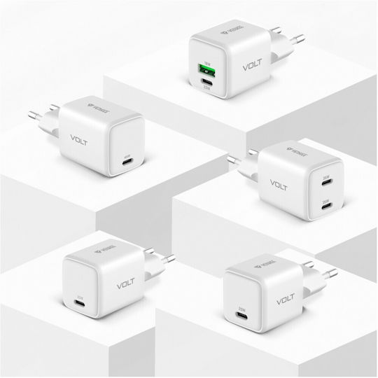 Yenkee Зарядно с вграден кабел GaN с 2 USB-C порта Power Delivery / Quick Charge 3.0 Бял (YAC G35D)