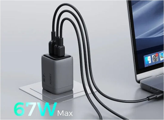 Aukey Charger Without Cable with USB-A Port and 2 USB-C Ports 67W Power Delivery / Quick Charge 5.0 Gray (PA-C3)