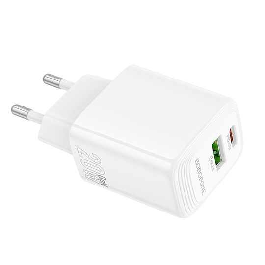 Borofone Charger Without Cable with USB-A Port and USB-C Port 20W Power Delivery / Quick Charge 3.0 Whites (BN27)