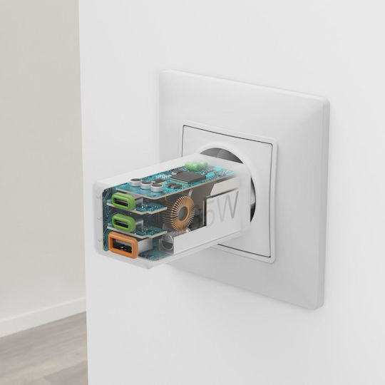 HAMA Зарядно без кабел GaN с USB-A порт и 2 USB-C порта 65W Power Delivery Бял (00201996)