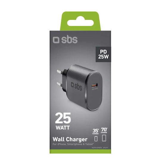 SBS Ladegerät ohne Kabel mit USB-C Anschluss 25W Stromlieferung Schwarzs (TRR1CPD25)