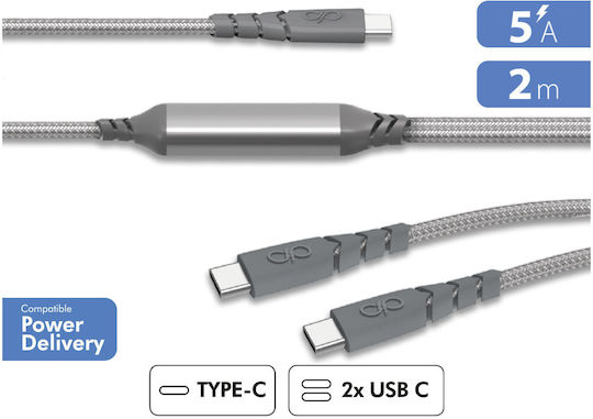 Force Power Usb-c To Usb-c Duo Cable 100w 5a Ultra-renforced Charge Sync 2m Grey