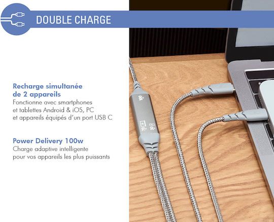 Force Power Usb-c To Usb-c Duo Cable 100w 5a Ultra-renforced Charge Sync 2m Grey
