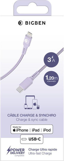 Bigben Connected Charging Transfer Cable Usb-c Lightning 3a Power Delivery 60w 1.2m Purple