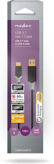 Nedis USB-A Мъжки Към USB-C Мъжки 60W 5 Gbps 1m Зареждащ Данни Кабел Черен Златист