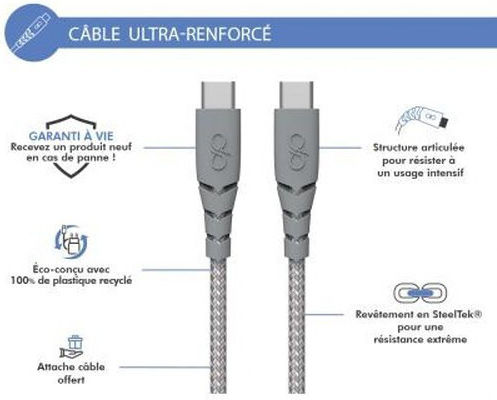 Force Power Ултра-усилен USB-C към USB-C Кабел 2м 3A Сив