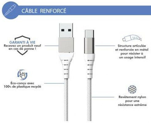 Force Power USB A USB C 2m 3A 15W 12,000 Flexion Resistant Reinforced Cable White
