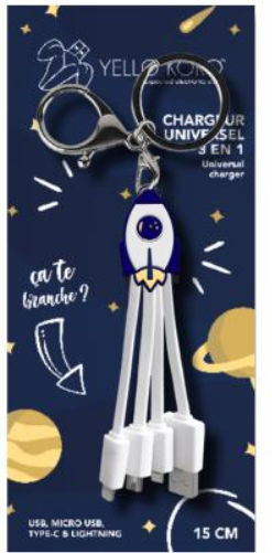 Yello Koko Andy 3 In 1 Usb-c Micro-usb Lightning To Usb-a 3a Rocket Keyring Cable White Blue