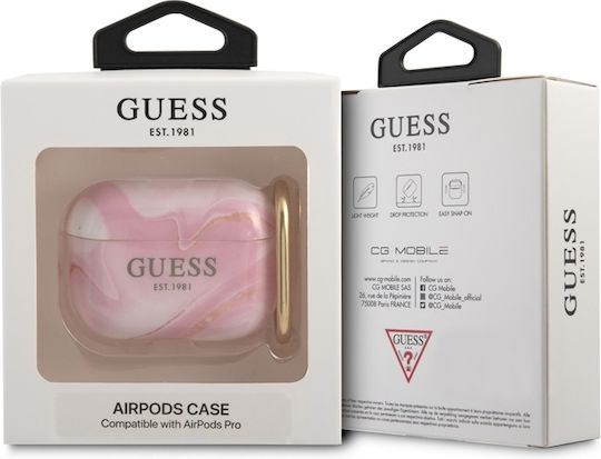 Guess Marble Collection Θήκη Σιλικόνης με Γάντζο σε Ροζ χρώμα για Apple AirPods Pro