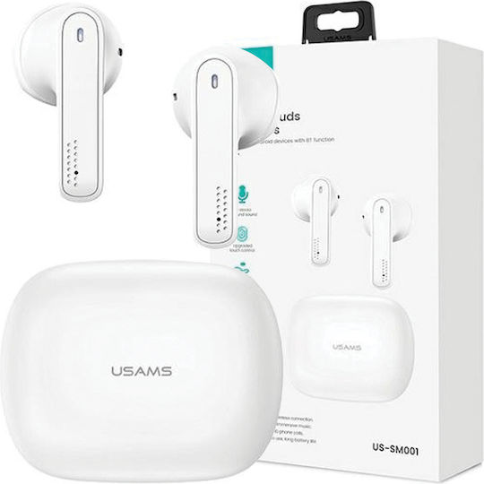 Usams BHUSM01 Earbud Bluetooth Handsfree Ακουστικά με Θήκη Φόρτισης White