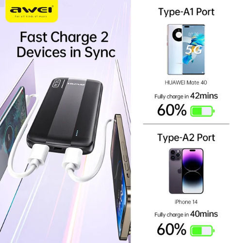 Awei P20K Power Bank 10000mAh cu 2 Porturi USB-A Negru