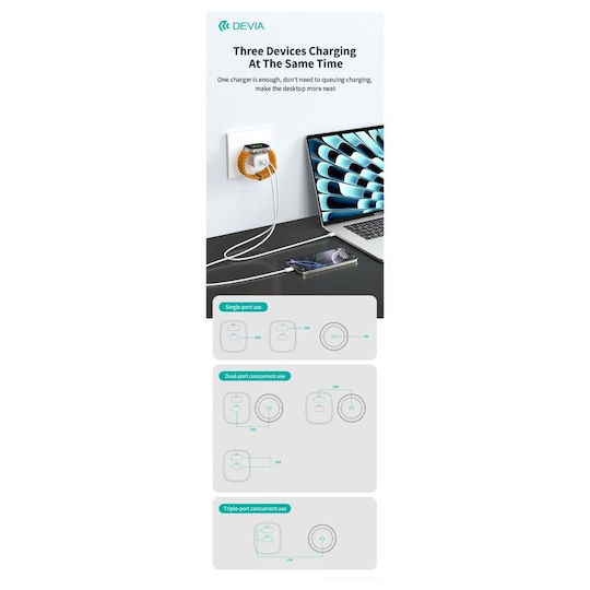 Devia Charger Without Cable GaN with USB-A Port and USB-C Port 22W Power Delivery Whites (RCE-2301ACL)