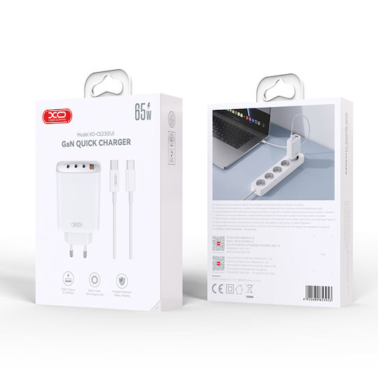 XO Φορτιστής Χωρίς Καλώδιο με Θύρα USB-A και 3 Θύρες USB-C 65W Power Delivery Λευκός (CE23)