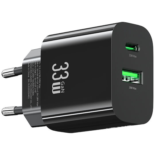 Usams Charger Without Cable GaN with USB-A Port and USB-C Port 33W Power Delivery Blacks (CC317 T65)