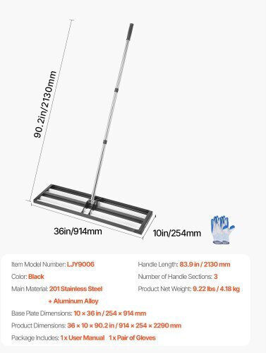 Vevor 36x10in Lawn Leveling Rake 83.9 In Adjustable Handle Yard Garden