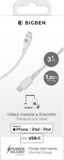 Bigben Connected USB-C мъжки/Lightning 3A Power Delivery 60W 1.2m Заряден и Преносен Кабел Бял