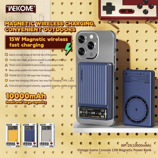 WK WP-29 Power Bank 10000mAh 15W with USB-A Port and USB-C Port Blue
