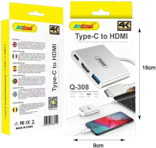 Andowl Type C Hdmi Αντάπτορας Πολλές Θύρες Q-308 Type C To Hdmi 075503-1