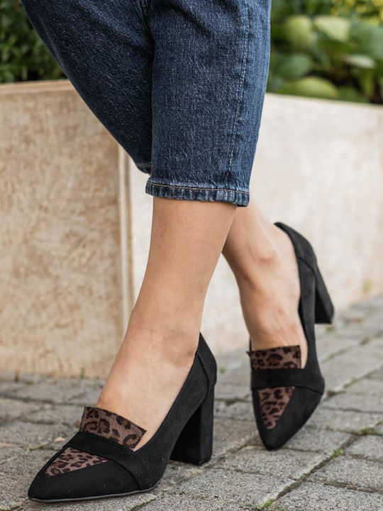 Suede Pointed Toe Black Heels Animal Print