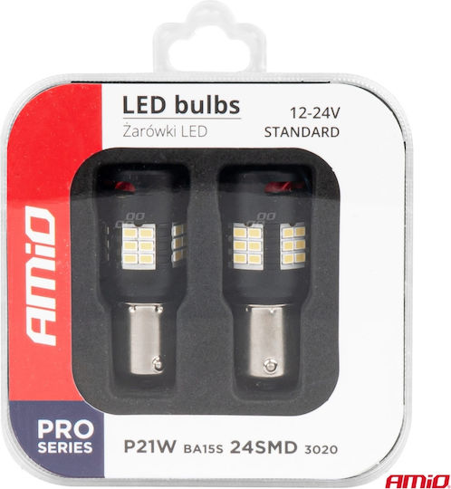 AMiO Лампи Автомобила BA15S / P21W / R10W / R5W Canbus LED 6000К Хладно бяло 12-24V 2бр