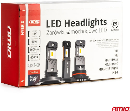 AMiO Λάμπες Αυτοκινήτου H1 / H3 / H4 / H7 / HB3 / HB4-9006 Canbus LED 6000K Ψυχρό Λευκό 12V 60W 16τμχ