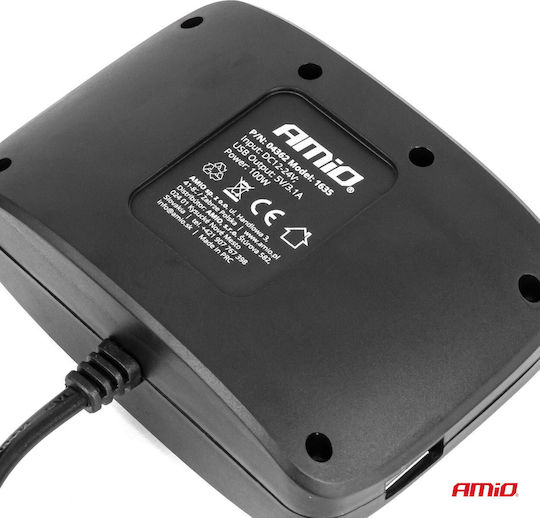 AMiO Φορτιστής Αυτοκινήτου 100W με Θύρες: 2xUSB 3xΑναπτήρα μαζί με Καλώδιο Ενσωματωμένο Μαύρο Χρώμα