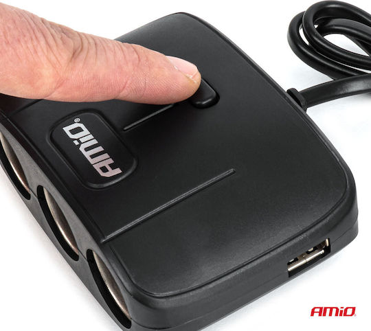 AMiO Φορτιστής Αυτοκινήτου 100W με Θύρες: 2xUSB 3xΑναπτήρα μαζί με Καλώδιο Ενσωματωμένο Μαύρο Χρώμα