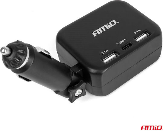 AMiO Φορτιστής Αυτοκινήτου 100W Γρήγορης Φόρτισης με Θύρες: 2xUSB 1xType-C 2xΑναπτήρα Μαύρο Χρώμα