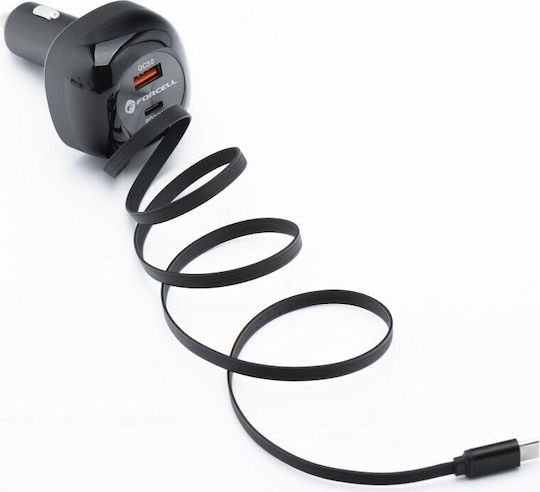 Forcell F-energy Auto-Ladegerät 75W 3A Schnellladung mit Anschlüssen: 1xUSB 1xType-C mit Kabel Typ-C,TC-TC Schwarz Farbe