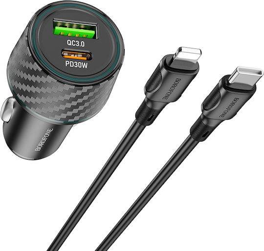 Borofone Автомобилен Зарядно Устройство 48W с Портове 1xUSB-A 1xType-C с Кабел Lightning Черен Цвят