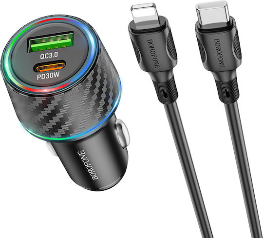 Borofone Автомобилен Зарядно Устройство 48W с Портове 1xUSB-A 1xType-C с Кабел Lightning Черен Цвят