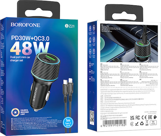 Borofone Автомобилен Зарядно Устройство 48W с Портове 1xUSB-A 1xType-C с Кабел Lightning Черен Цвят
