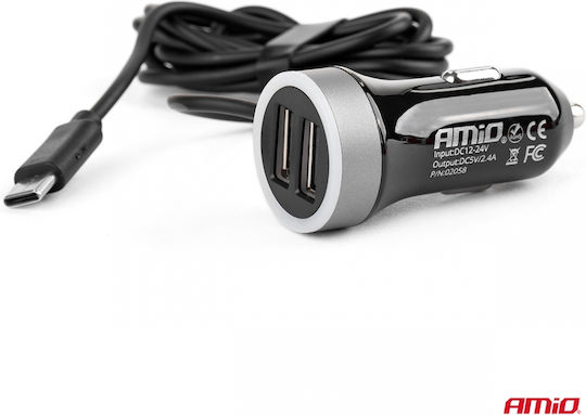 AMiO Φορτιστής Αυτοκινήτου 2.4A με Θύρες: 2xUSB-A μαζί με Καλώδιο Type-C Μαύρο Χρώμα