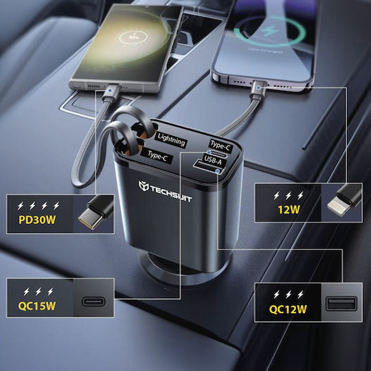 Techsuit Φορτιστής Αυτοκινήτου 69W 2.4A με Θύρες: 1xUSB 1xType-C μαζί με Καλώδιο Lightning / Type-C Γκρι Χρώμα