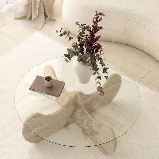Rundes Zentral Kaffeetisch Himalayas Glas Travertin Beige M90xB90xH30cm