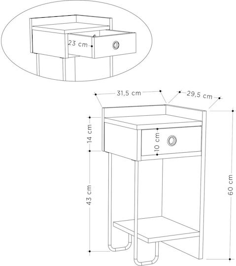 Sirius Bedside Table Right Wooden Brown 31.5x29.5x60cm