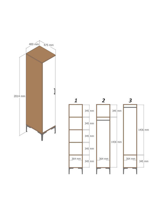 Single Door Wardrobe Kumsal Walnut 40x47.5x201.4cm