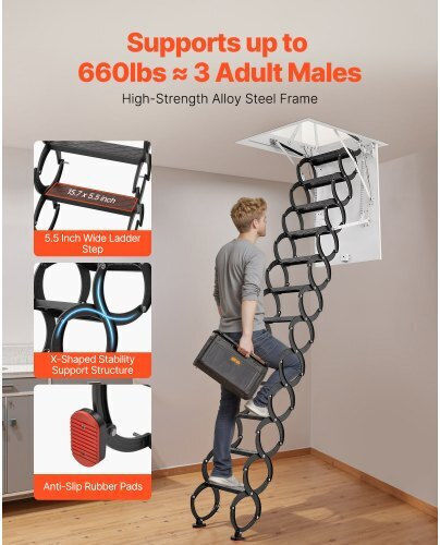 Vevor Steel Attic Ladder Ceiling-mounted Attic Stairs 10.5 11 Ft Ceilings