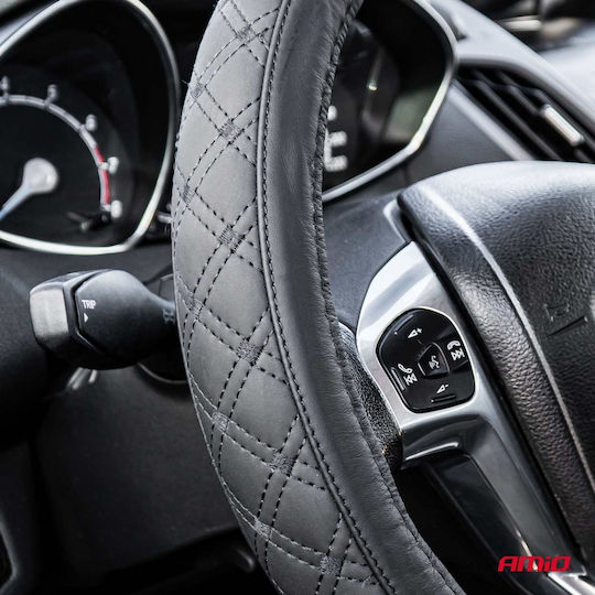 AMiO Car Steering Wheel Cover with Diameter 41-43cm made of Leatherette Black with Black Stitching