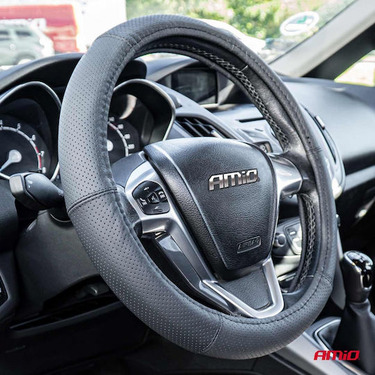 AMiO Car Steering Wheel Cover with Diameter 41-43cm made of Leatherette Black with Black Stitching