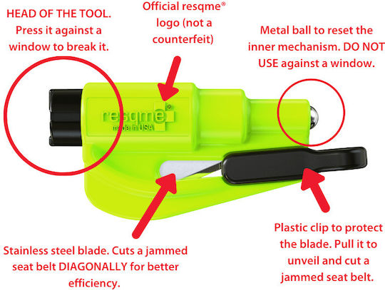 Resqme Car Emergency Hammer With Yellow Seatbelt Cutter