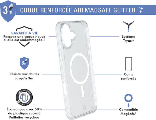 Force Case Case Iphone 16 Magsafe Renforcée Air Tryax 3m System Glitter Transparent