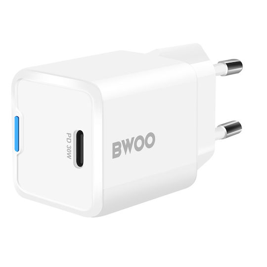BWOO Φορτιστής Χωρίς Καλώδιο GaN με Θύρα USB-C 30W Power Delivery Λευκός (GaN)