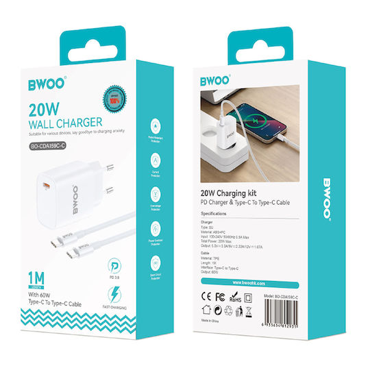 BWOO Charger with USB-C Port and Cable USB-C - USB-C 20W Power Delivery Whites (CDA159)