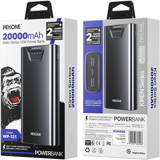 WK WP-121 Power Bank 20000mAh με 2 Θύρες USB-A Μαύρο