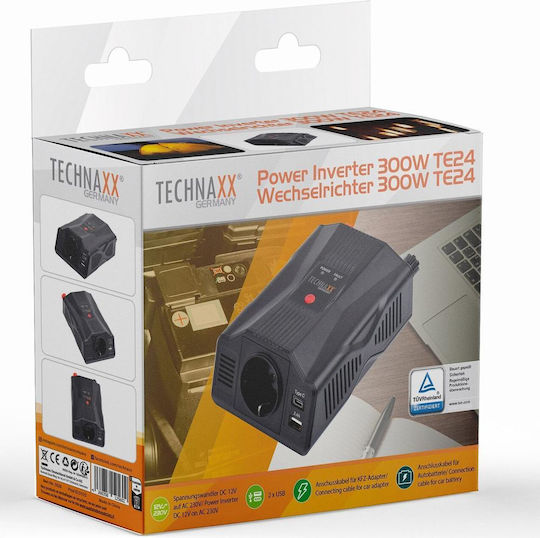 Inversor de tensiune Technaxx Te24 300W 12V intrare 230V ieșire USB-A USB-C negru