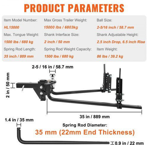 Vevor 1,500lb Weight Distribution Hitch 2-5/16 In Ball 2-in Shank