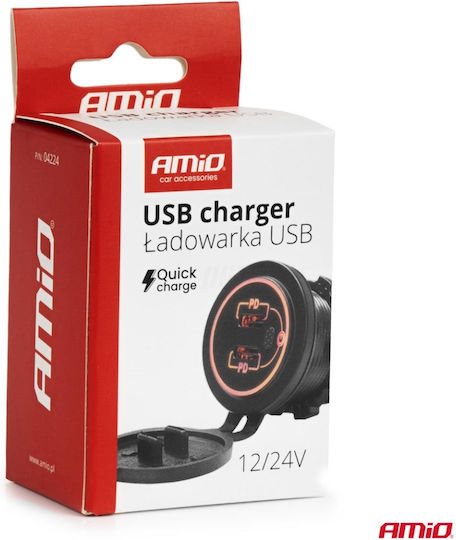 Amio Car Charger USB Ports Waterproof Switch 2x USB-C 12v 24v Amio-04224