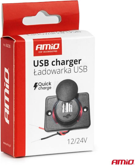 Amio Car Charger Usb Ports Waterproof Square 2x Usb 12v 24v Amio-04230