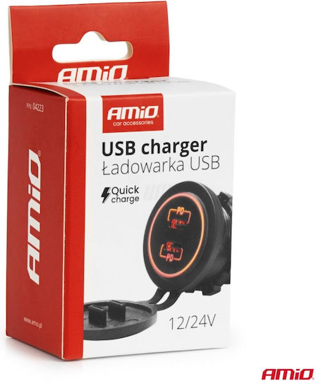 Amio Car Charger USB Ports Waterproof 2x USB-C 12V 24V Amio-04223
